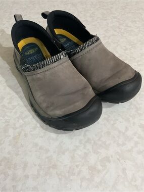 Keen Taupe and Black Slip-On Clog with Yellow Insole Accents